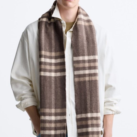 ZARA Men's Double Sided Checkered Scarf(Brown, Size:M) - Picture 1 of 10